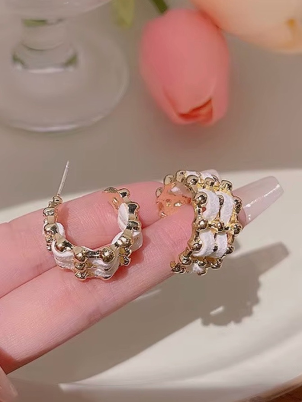 18K Gold White Vegan Leather Woven C Shape Hoop Luxury Fashion Inspired Earrings